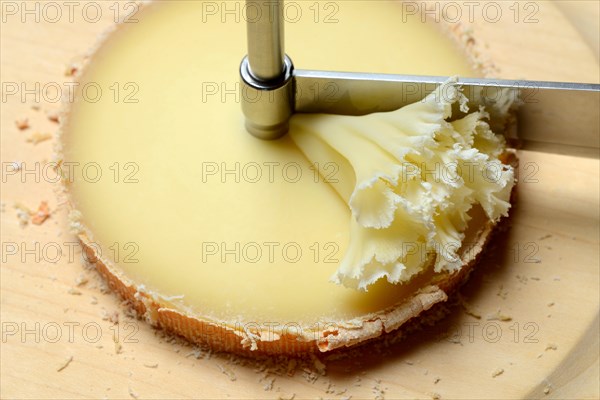 Cheese 'Tete de Moines' with turning knife Girolle, cheese rosettes, Moenchskopf, Switzerland, Europe