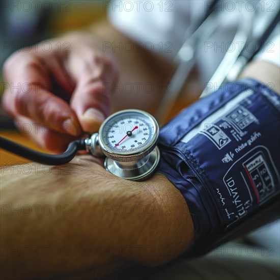 A man checks his blood pressure with a measuring device. Avoidance of bulk hypertension, scarcity, precaution, AI generated