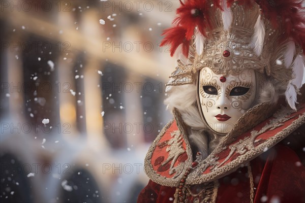 A person adorned in a richly detailed and colorful carnival costume, complete with an elaborate mask, participates in the iconic Venice Carnival with snowfall, AI generated