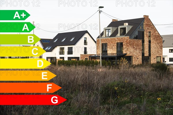 New development area, graphic with energy efficiency classes for buildings according to the GEG, Duesseldorf, Germany, energy efficiency, Europe