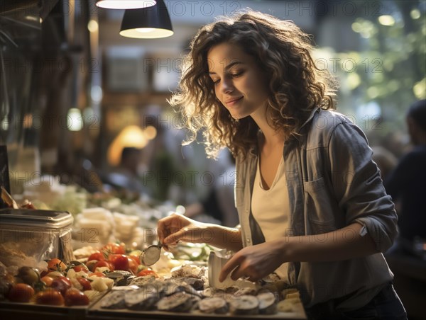 Young woman shopping in supermarket, at the cheese counter, meat counter, fruit stand, bakery, fish counter and shoe store, AI generated