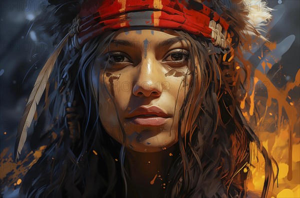 Portrait of a young woman in an Indian headdress with a serious look in front of a fiery background, AI generated, AI generated