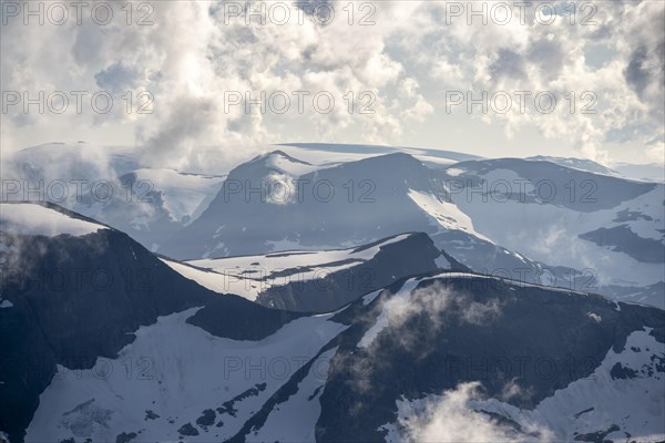 Mountain peak with Jostedalsbreen glacier, view from the summit of Skala, Loen, Norway, Europe