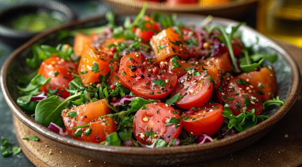 Vibrant heirloom Mediterranean tomato salad with arugula, red onion and a drizzle of balsamic glaze, AI generated