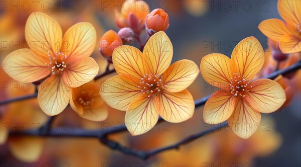 Vivid Berberis thunbergii orange flowers with detailed stamens against a blurred background, AI generated