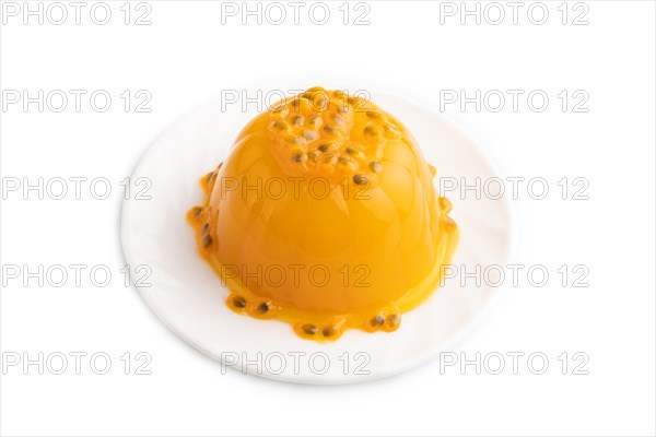 Mango and passion fruit jelly isolated on white background. side view, close up