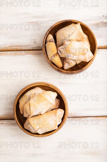 Homemade sweet cookie with apple jam on white wooden background. top view, flat lay, close up