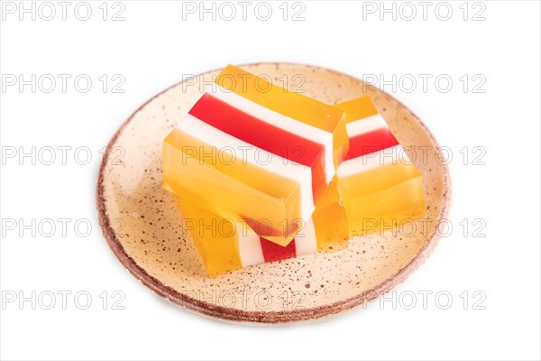 Almond milk and peach jelly isolated on white background. side view, close up