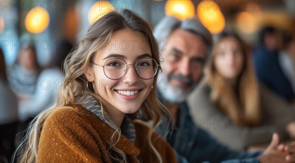 Cheerful young woman with glasses smiling in a lively library setting, AI generated
