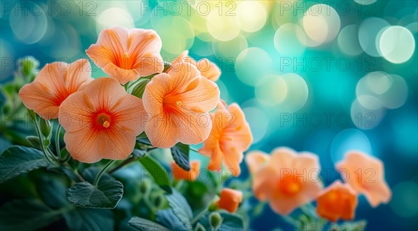Orange campsis summer jazz trumpet flowers with shimmering bokeh lights on a teal backdrop, AI generated