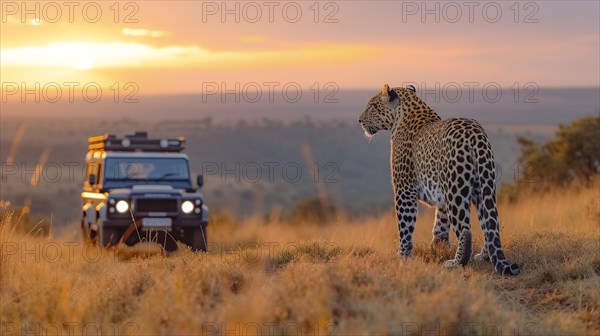 Leopard (Panthera pardus) in natural environment with Jeep, Landrover, AI generated