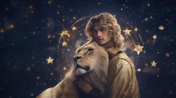 Young male Leo zodiac sign with blond hair and green eyes against the background of the starry sky.AI generated