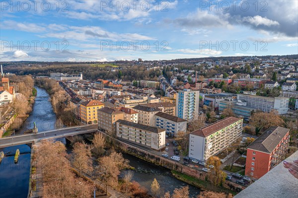 Panorama of a city with river and bridges, surrounded by residential areas, Pforzheim, Germany, Europe