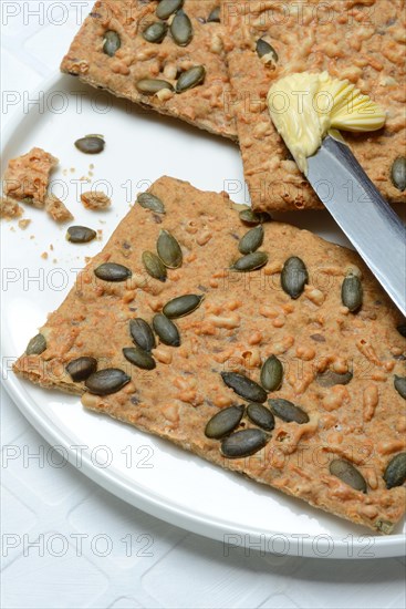 Crispbread with pumpkin seeds on a plate with a knife