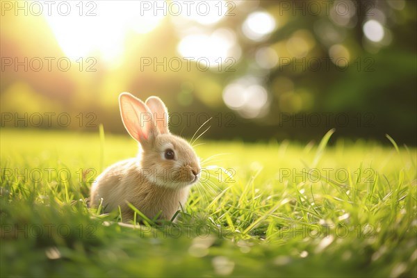 Bunny with large, attentive ears, basking in the golden hour sunlight amidst a lush green field, AI generated