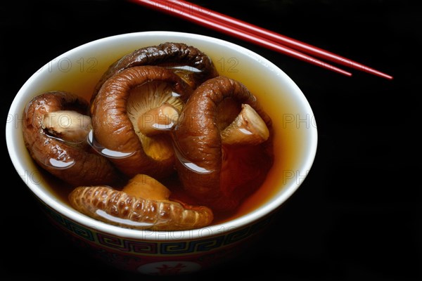 Dried shiitake mushrooms in a bowl, soaked in water