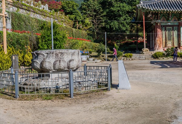 Rock carved lotus flower at Buddhist temple in Gimje-si, South Korea, Asia