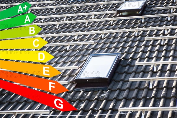 Mounted brackets for solar panels on the roof of a house, graphic with energy efficiency classes for buildings according to the GEG, Duesseldorf, Germany, energy efficiency, Europe