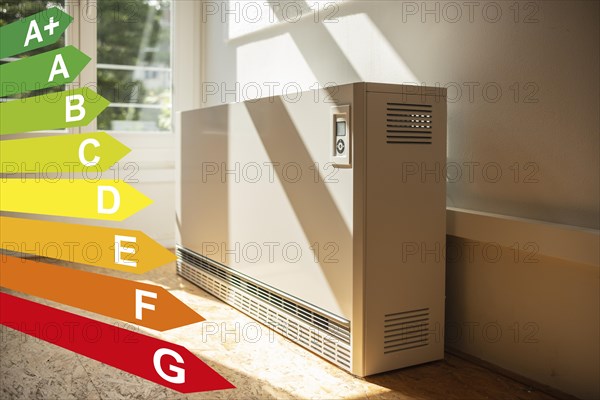Night storage heating in a flat, diagram with energy efficiency classes for buildings according to the GEG, energy efficiency