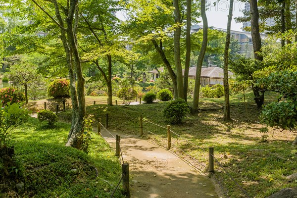 Concrete trail through Japanese garden in Hiroshima, Japan, Asia