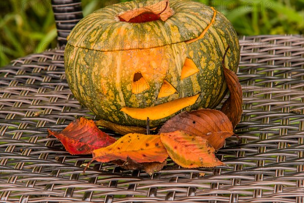 Closeup of Jack-O-Lantern on chair surrounded by leaves in South Korea