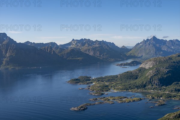 Fjord Raftsund and mountains, view from the top of Dronningsvarden or Stortinden, Vesteralen, Norway, Europe