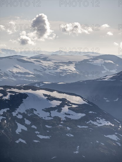 Mountain peak with Jostedalsbreen glacier, view from the summit of Skala, Loen, Norway, Europe