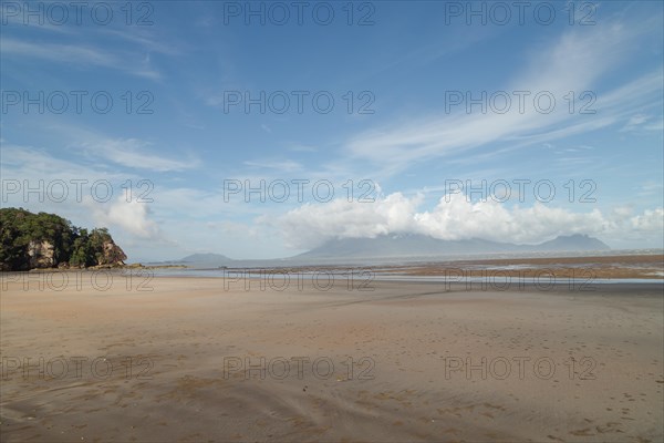 Bako national park, sea sandy beach, sunny day, blue sky and sea. Vacation, travel, tropics concept, no people, Malaysia, Kuching, Asia