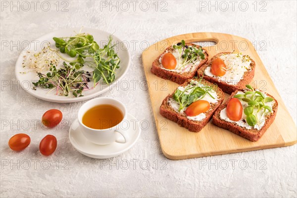 Red beet bread sandwiches with cream cheese, tomatoes and microgreen on gray concrete background. side view, close up