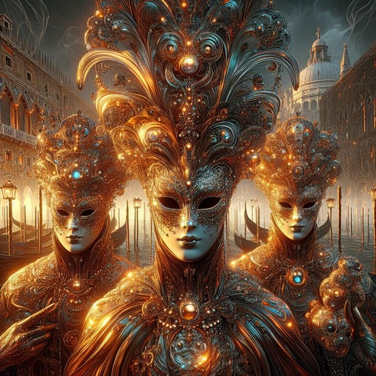 Multiple ethereal figures in ornate golden masks and costumes in a fantasy Venice setting for carnival celebration, ai generated, AI generated