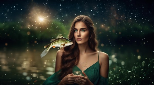 Young woman Pisces according to the zodiac sign with brown hair and blue eyes with a fish in her hands against the background of the starry sky. interpretation of the zodiac sign in human form.AI generated