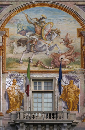 Renaissance fresco on the Palazzo San Giorgio, built in 1260, Piazza Caricamento, Genoa, Italy, Europe