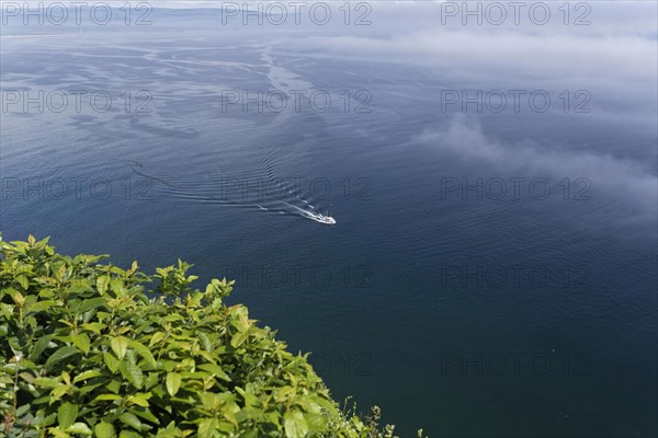 Coastal seascape, fishing boat in fog, Gulf of Saint Lawrence, Province of Quebec, Canada, sea, water, blue, North America