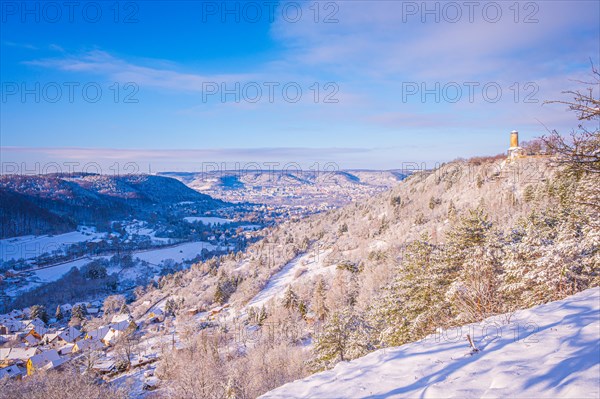 View of the Fuchsturm on the Kernberge in winter with snow, Jena, Thuringia, Germany, Europe