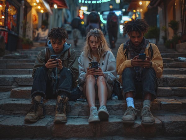 Several young people look bored at their cell phones, neglect social contacts, sport, reading, AI generated