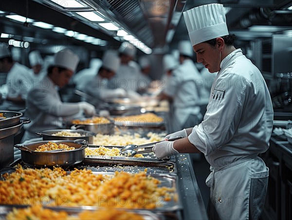 Chefs in a commercial kitchen at work, AI generated