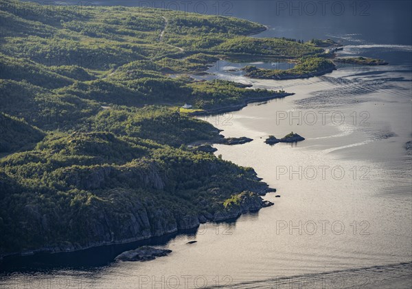 Coast with small house, Raftsund fjord, view from the top of Dronningsvarden or Stortinden, Vesteralen, Norway, Europe