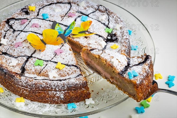 Succulent cake with butterfly decoration and colourful sprinkles on a glass plate, white base