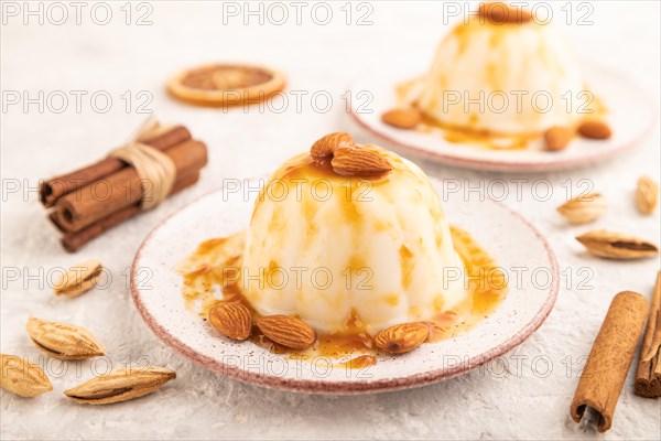 White milk jelly with caramel sauce on gray concrete background. side view, close up, selective focus