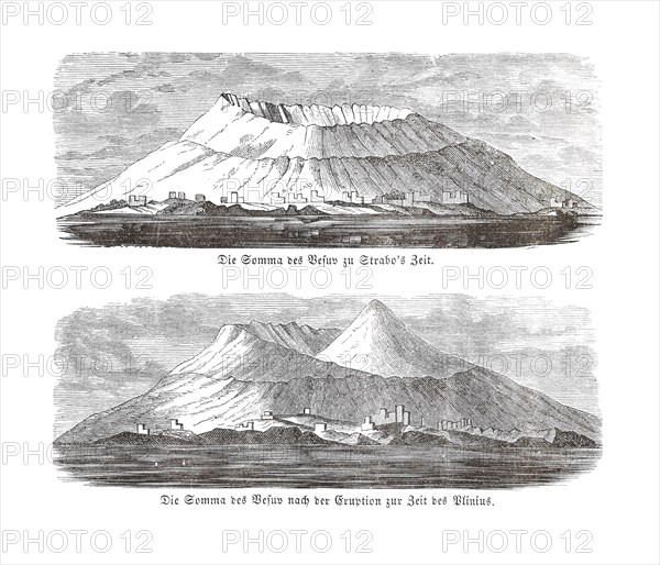 Comparison of two views of a volcanic crater, Vesuvius, Vesuvio or Vesuvius, black and white drawing, illustration, lithograph, geology, volcanology, artist: Bernhard von Cotta, Gulf of Naples, Campania, Italy, Europe
