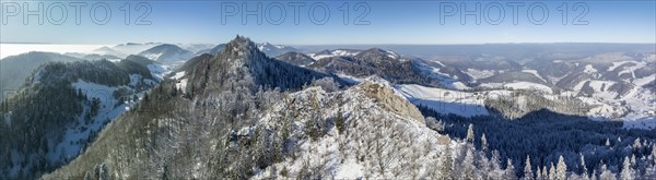 View over the first Jura chain with Belchenflueh towards the Black Forest, drone shot, Haegendorf, Solothurn, Switzerland, Europe