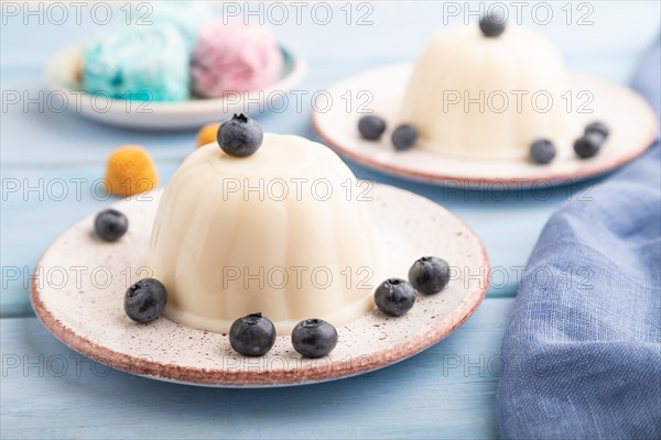 White milk jelly with blueberry on blue wooden background and blue linen textile. side view, close up, selective focus