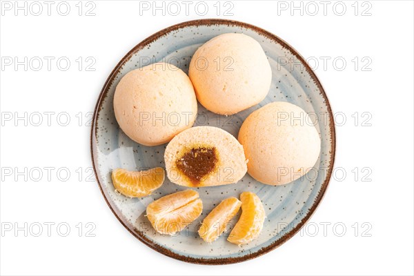 Japanese rice sweet buns mochi filled with jam isolated on white background. top view, flat lay, close up