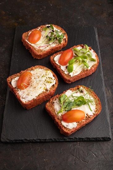 Red beet bread sandwiches with cream cheese, tomatoes and microgreen on black concrete background. Side view, close up