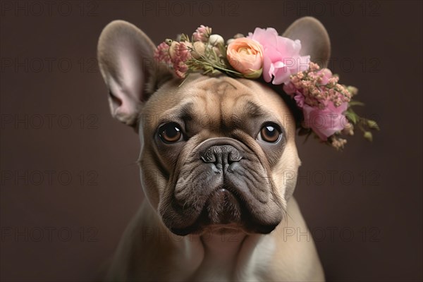 French Bulldog dog with flowers on head. KI generiert, generiert AI generated