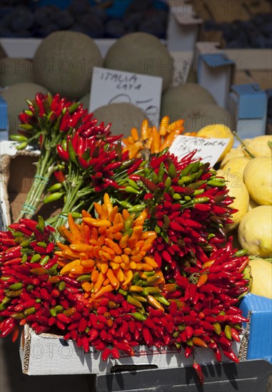 Chilli peppers on a market stall, Venice, Italy, Europe