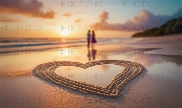 Heart drawn in the sand on a tropical beach and silhouette of a couple meets the dawn together at the sea. Love and romance concept, Valentines day background. Generative AI art, AI generated