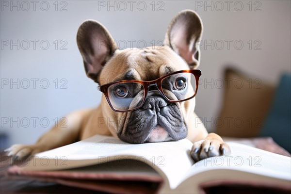 Smalrt French Bulldog dog with reading glasses and book. KI generiert, generiert AI generated