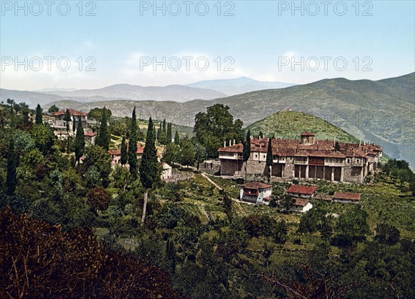 The monastery of Agia Lavra, near Kalavryta, Achaea, Greece, 1890, Historic, digitally restored reproduction from a 19th century original the monastery of Agia Lavra, near Kalavryta, Greece, Historic, digitally restored reproduction from a 19th century original, Europe