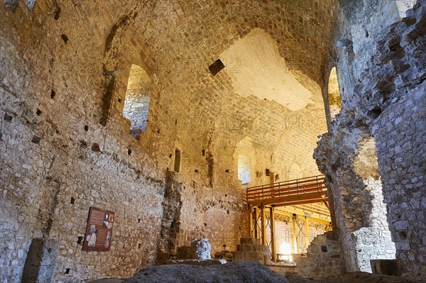 View of the interior of an old castle with vaulted ceilings and visible renovation work, Chlemoutsi, High Medieval Crusader castle, Kyllini peninsula, Peloponnese, Greece, Europe